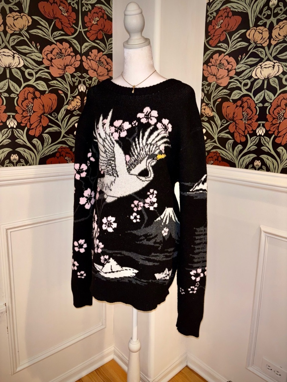 Japanese Crane Cherry Blossom Sweater Oversized Knit Dark Academia Pullover - Picture 3 of 5